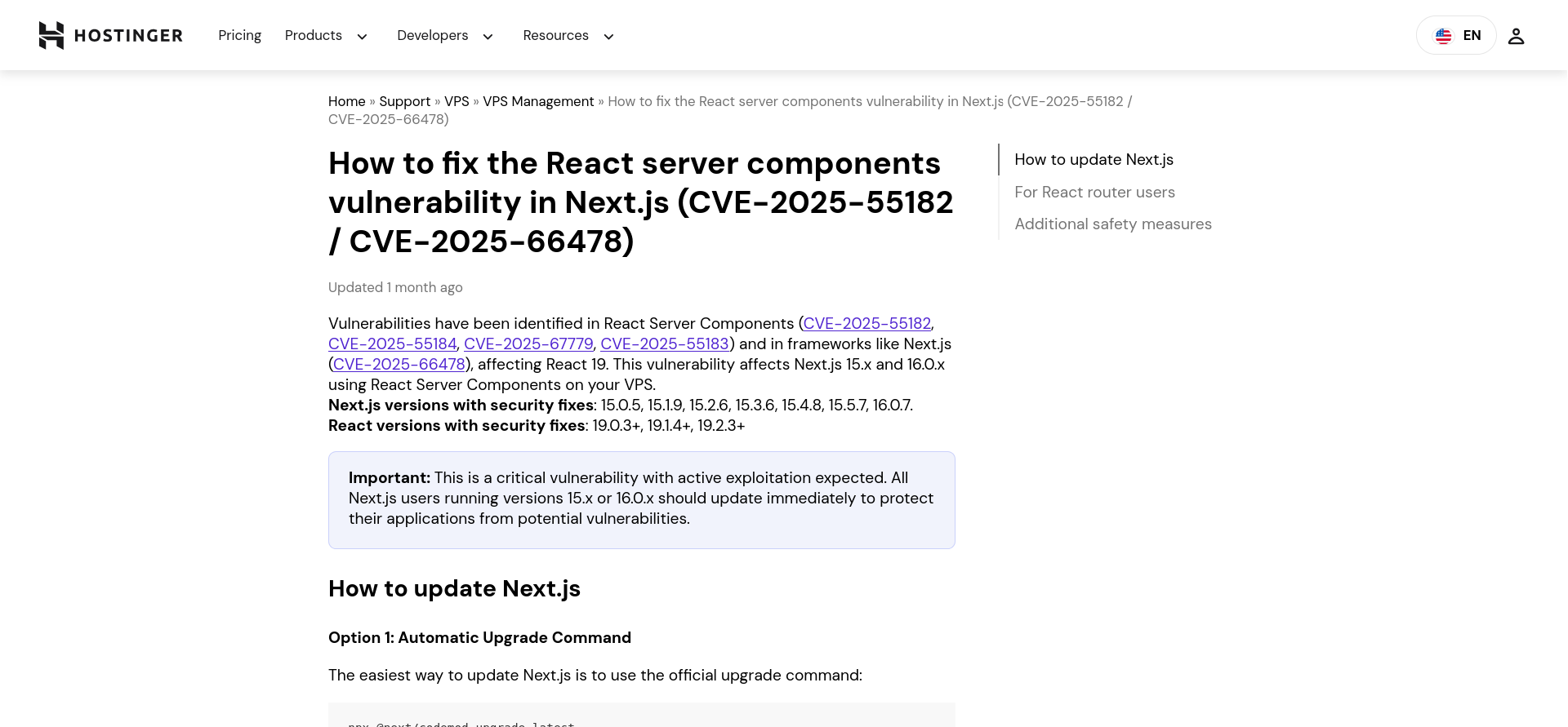 Hostinger knowledge base article covering Next.js React Server Components vulnerabilities