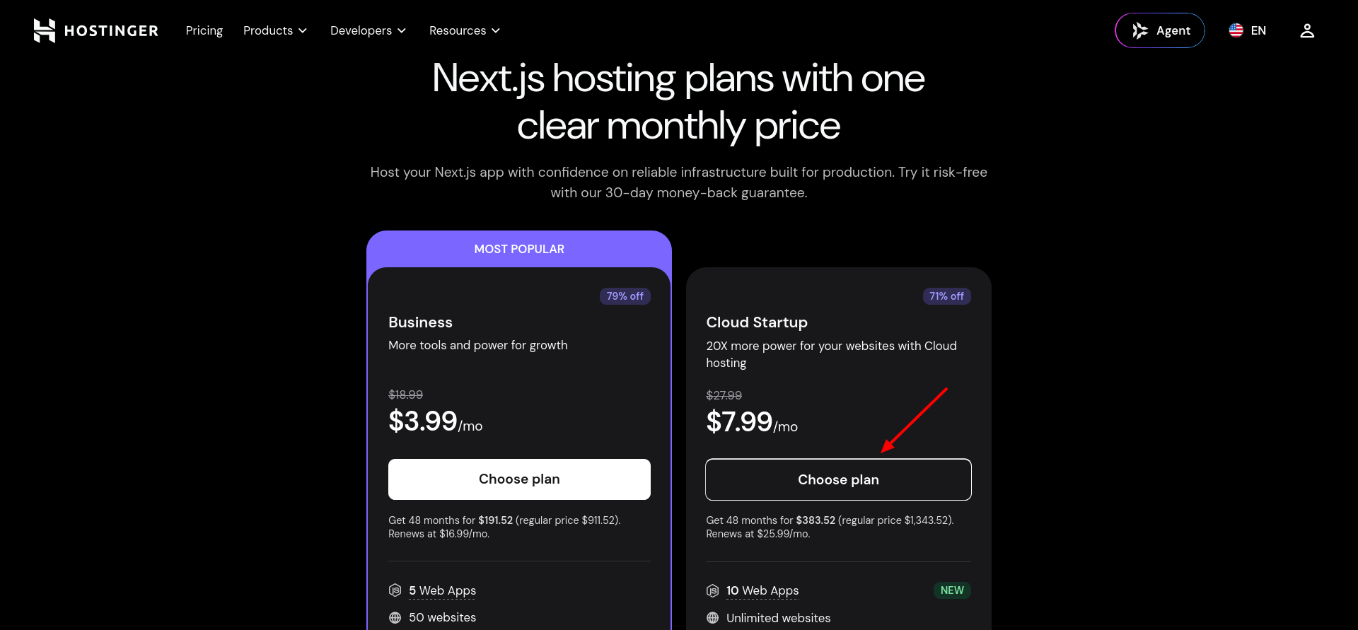 Hostinger Cloud Startup plan selected for Next.js hosting