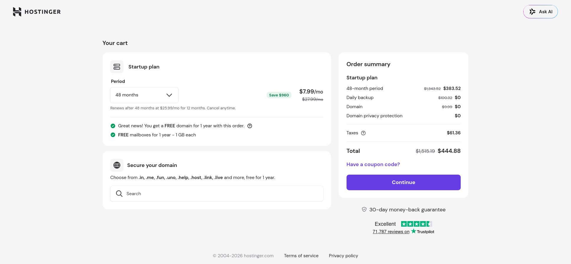 Hostinger checkout showing Cloud Startup plan, billing term, free domain, and mailboxes