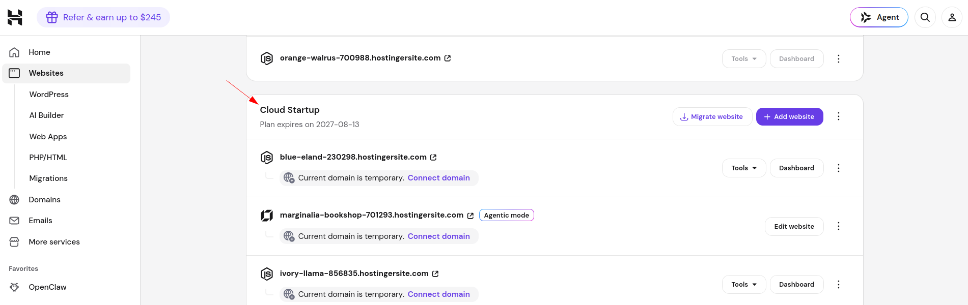 Hostinger Websites page showing Cloud Startup plan and Add website button