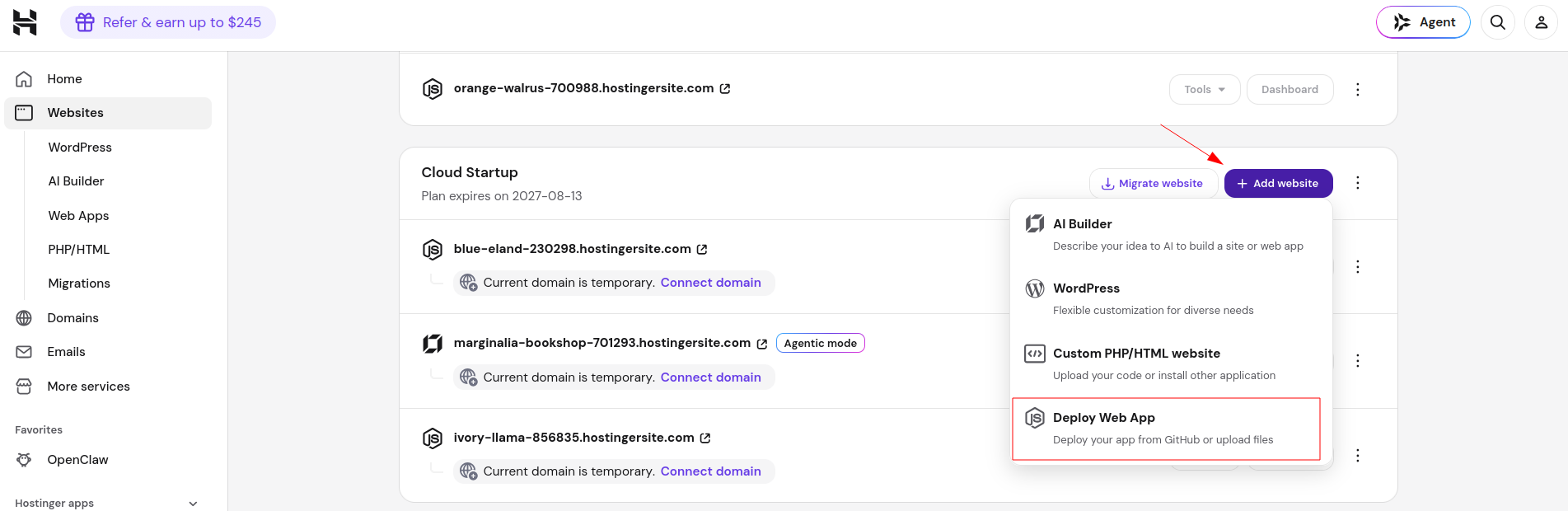 Hostinger Add website menu with Deploy Web App option