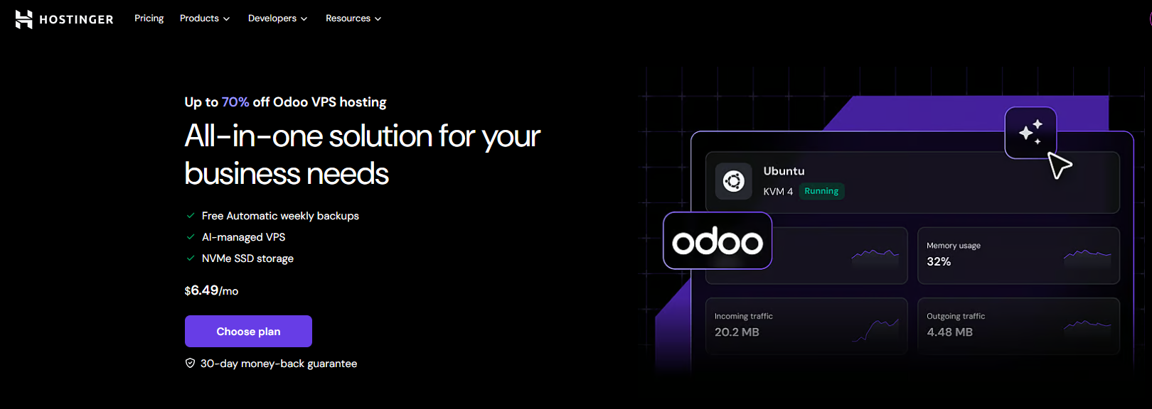 Hostinger VPS menu with Odoo Hosting option