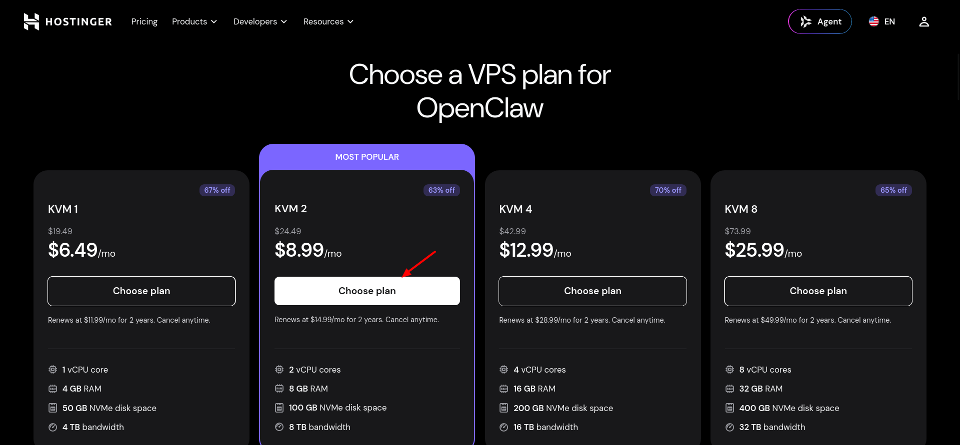 Hostinger KVM VPS plan options for running OpenClaw