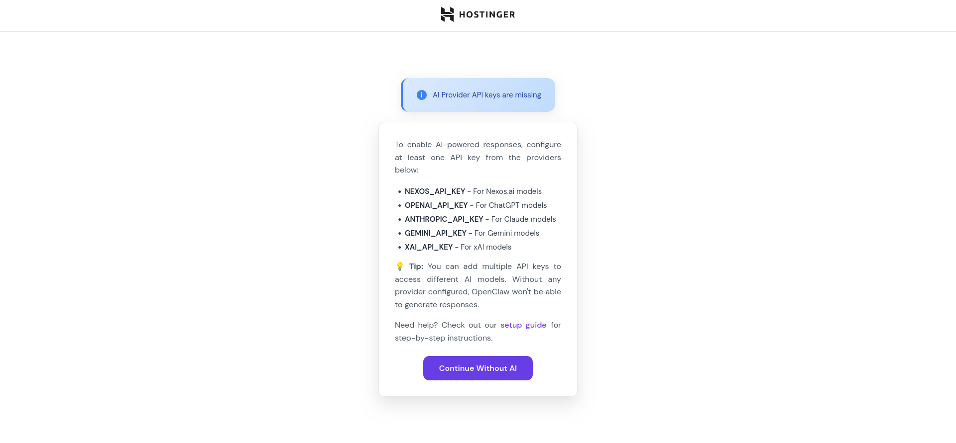 OpenClaw interface showing the AI Provider API keys are missing message