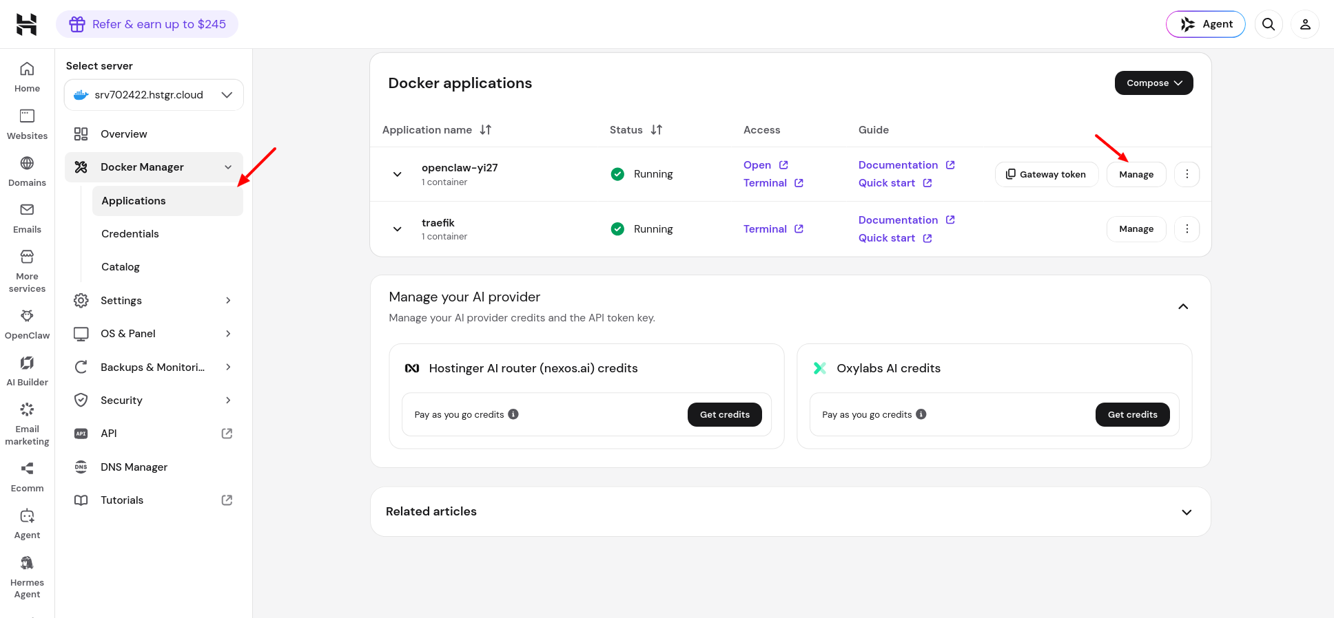 Hostinger hPanel Docker Manager Applications section for OpenClaw
