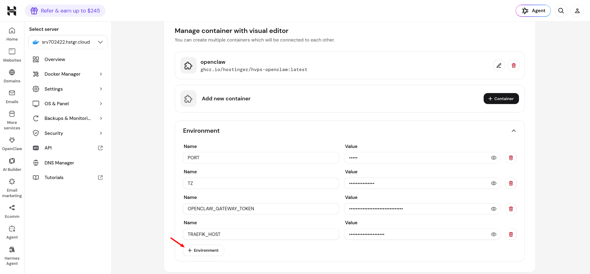 Hostinger Docker Manager showing OpenClaw environment variable settings