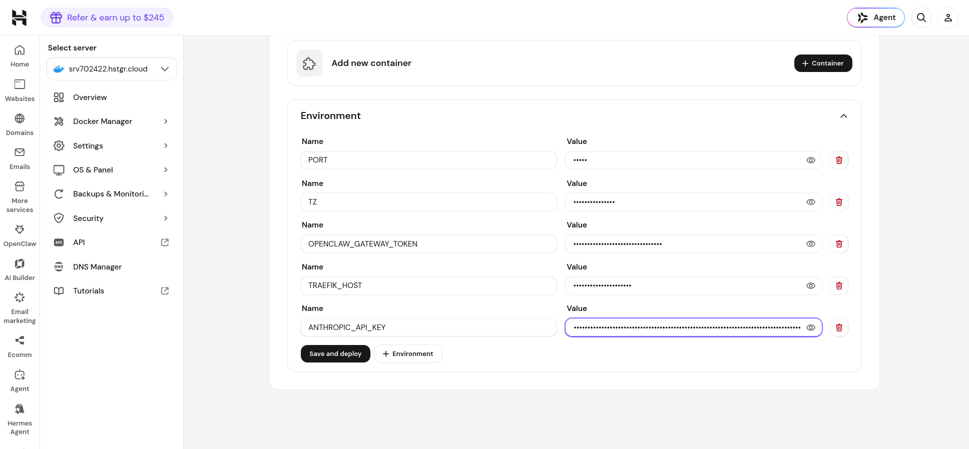 Hostinger Docker Manager Save and deploy option for OpenClaw environment variables
