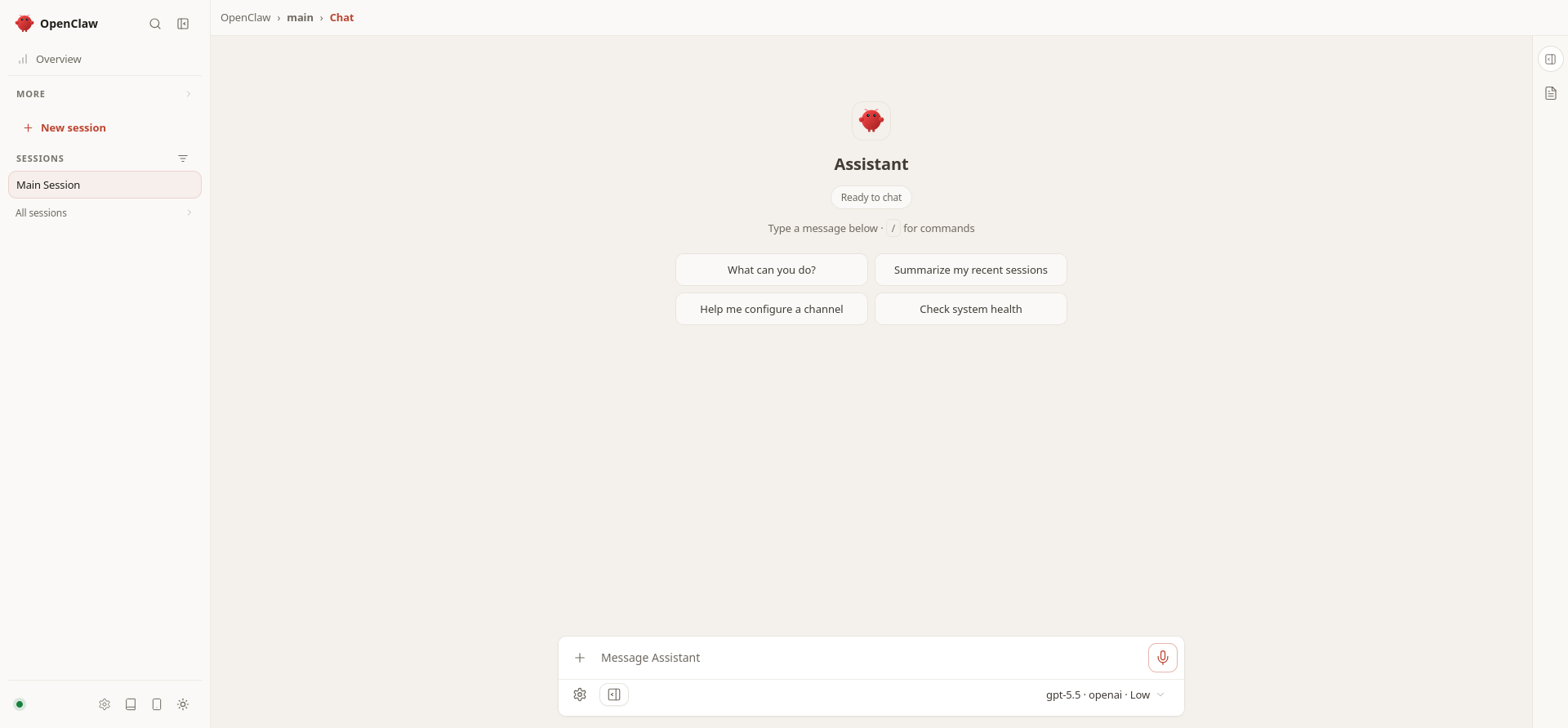 OpenClaw dashboard showing Ready to chat status after adding an AI provider API key