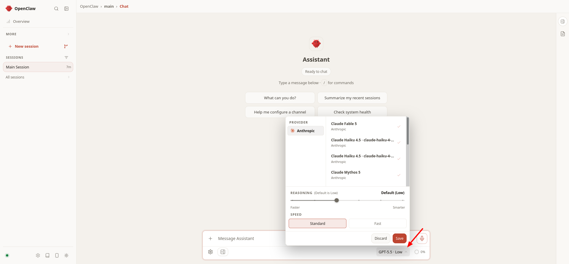 OpenClaw chat interface showing the active AI model selector