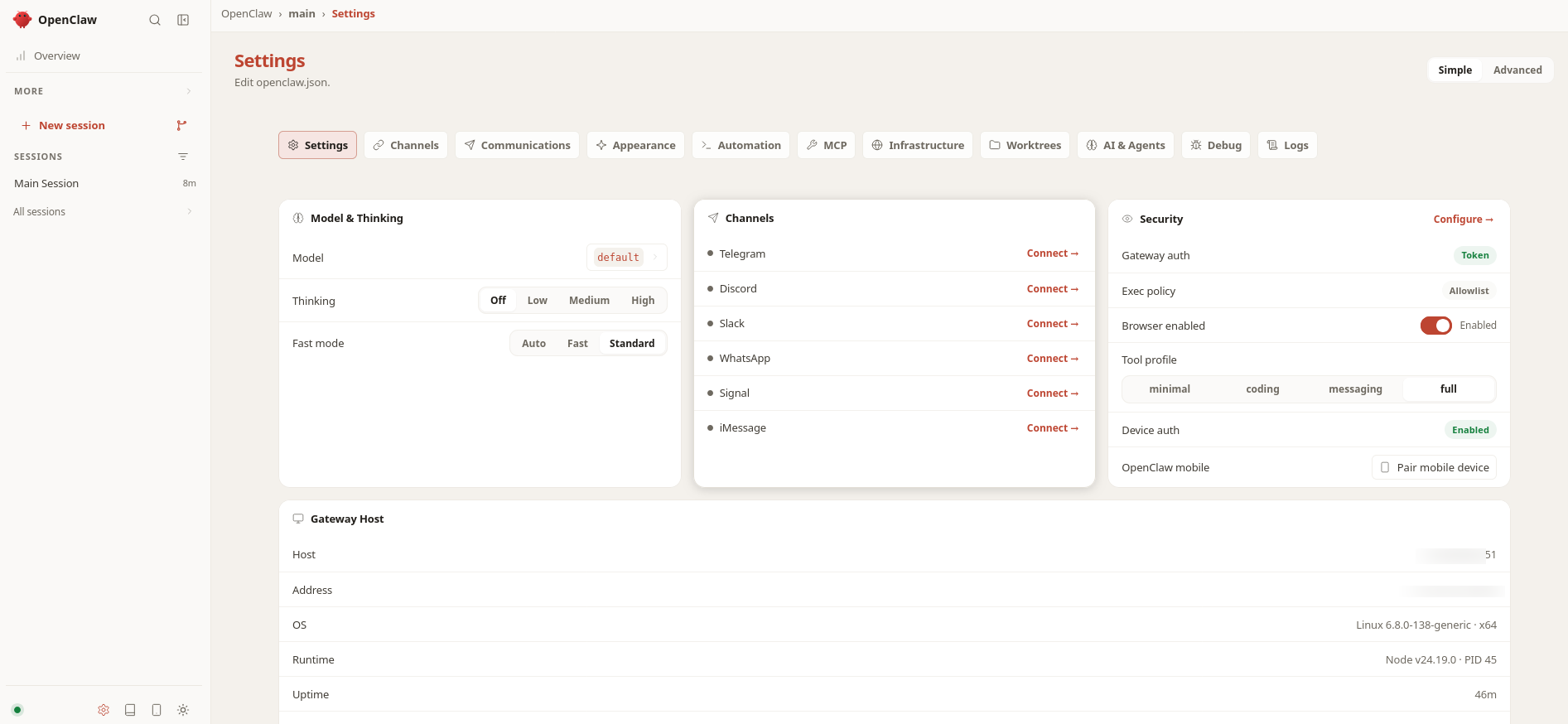 OpenClaw Settings Channels page showing messaging platform connection options