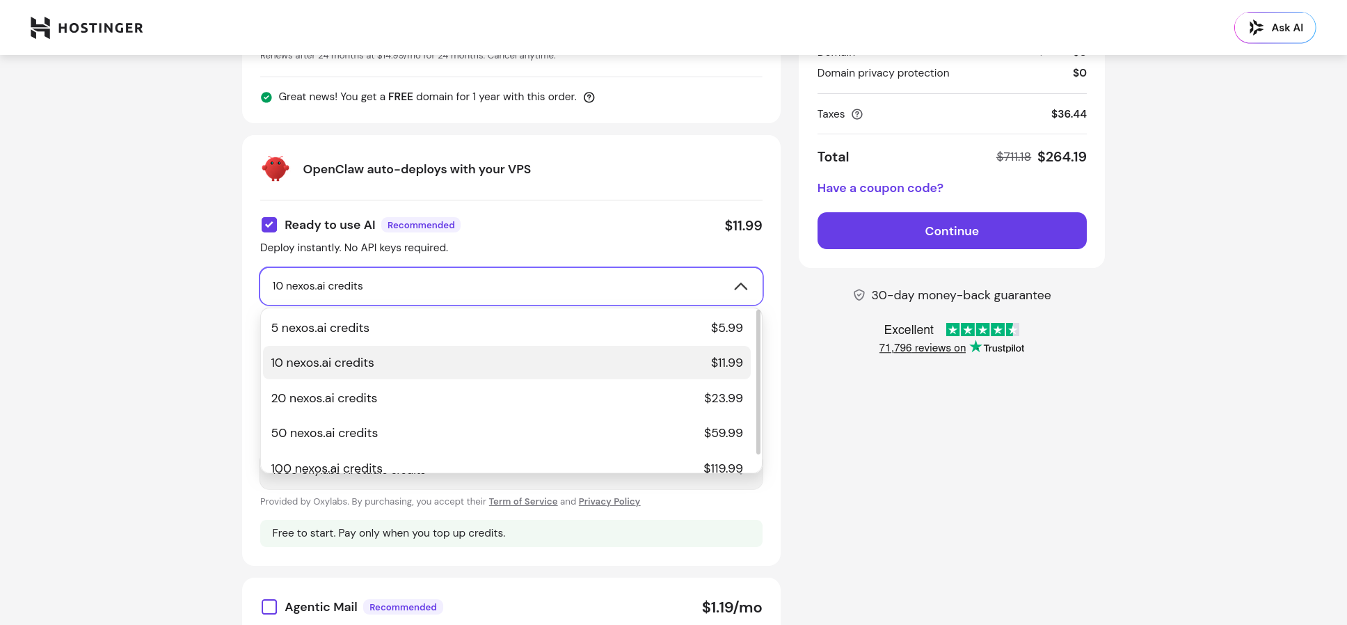Hostinger OpenClaw checkout showing the Ready to use AI credits option