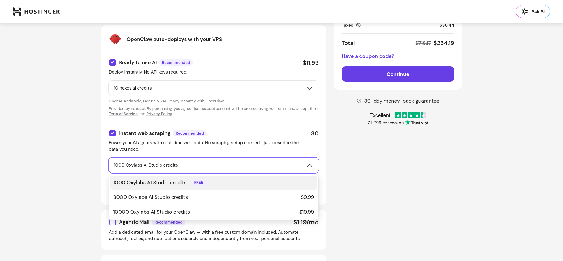 Hostinger OpenClaw checkout showing the Instant web scraping Oxylabs option