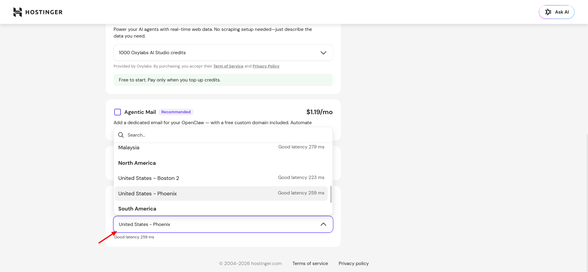 Hostinger VPS server location selector showing regional latency estimates