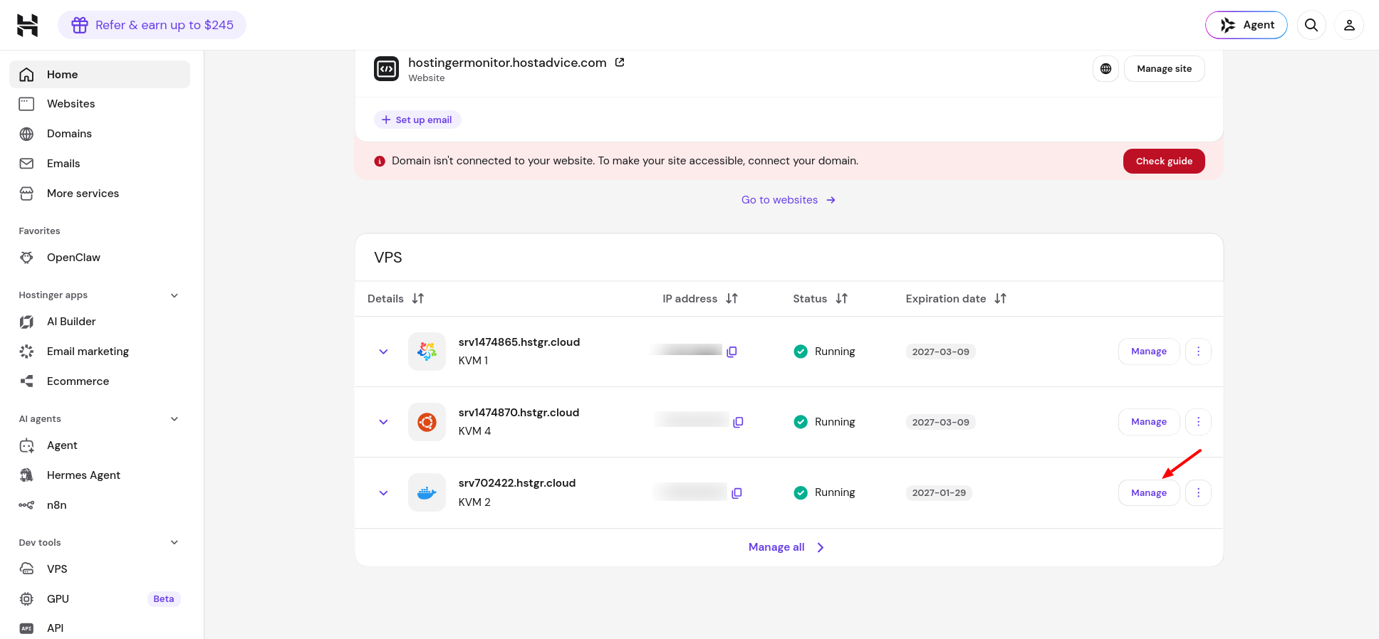 Hostinger hPanel VPS section showing a running OpenClaw server and Manage button