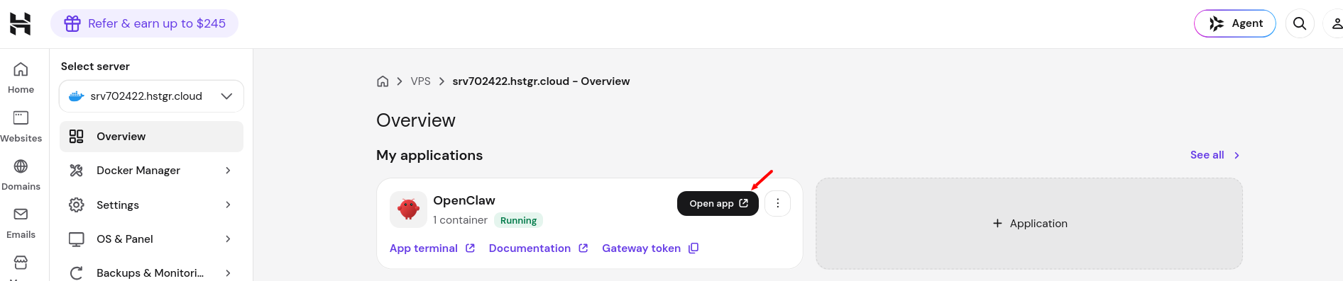 Hostinger OpenClaw application card showing the Open app option