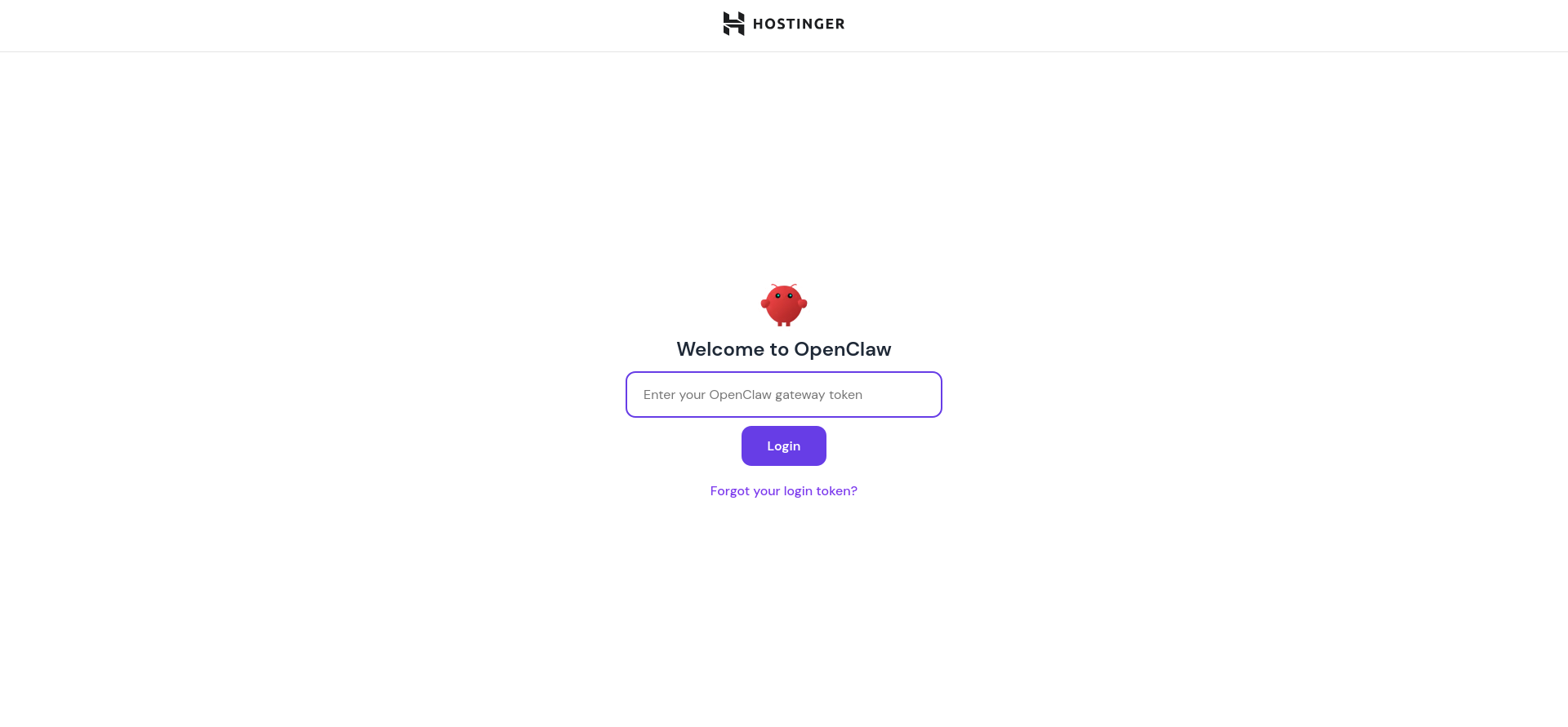 OpenClaw login page showing the gateway token field and Login button
