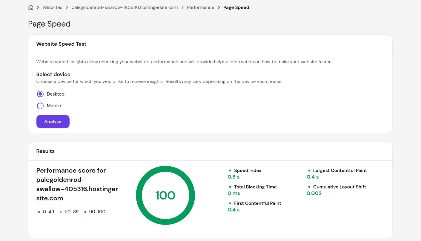 Hostinger React hosting desktop performance test results