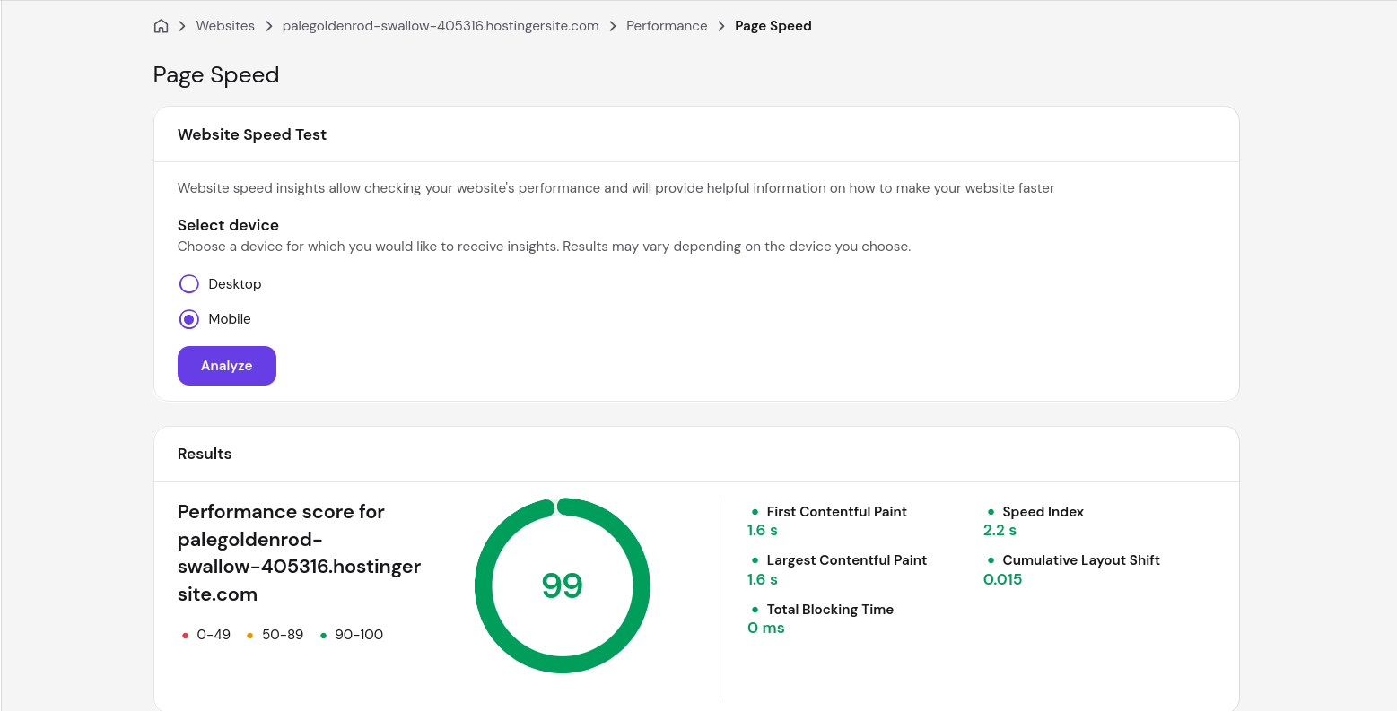 Hostinger React hosting mobile performance test results