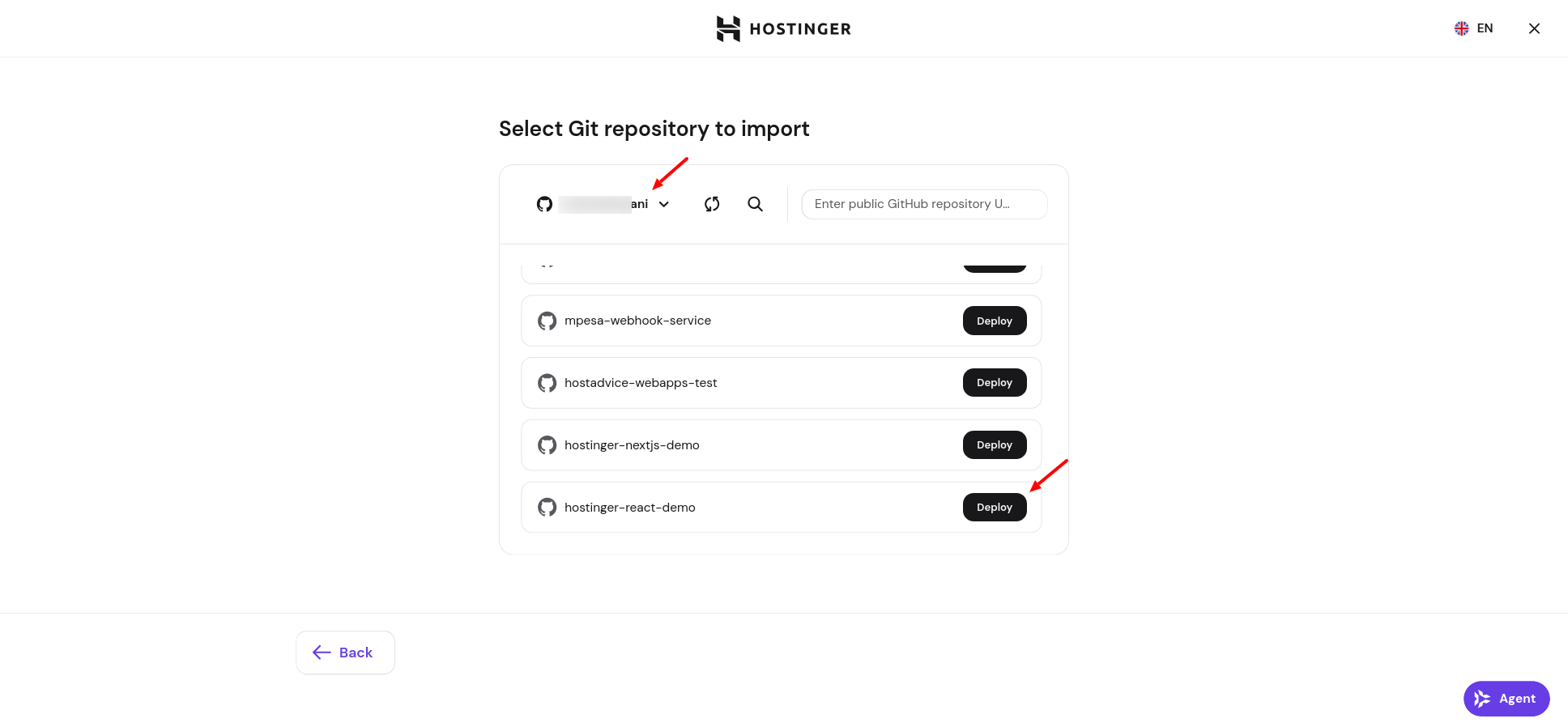 Hostinger GitHub repository selection for React deployment