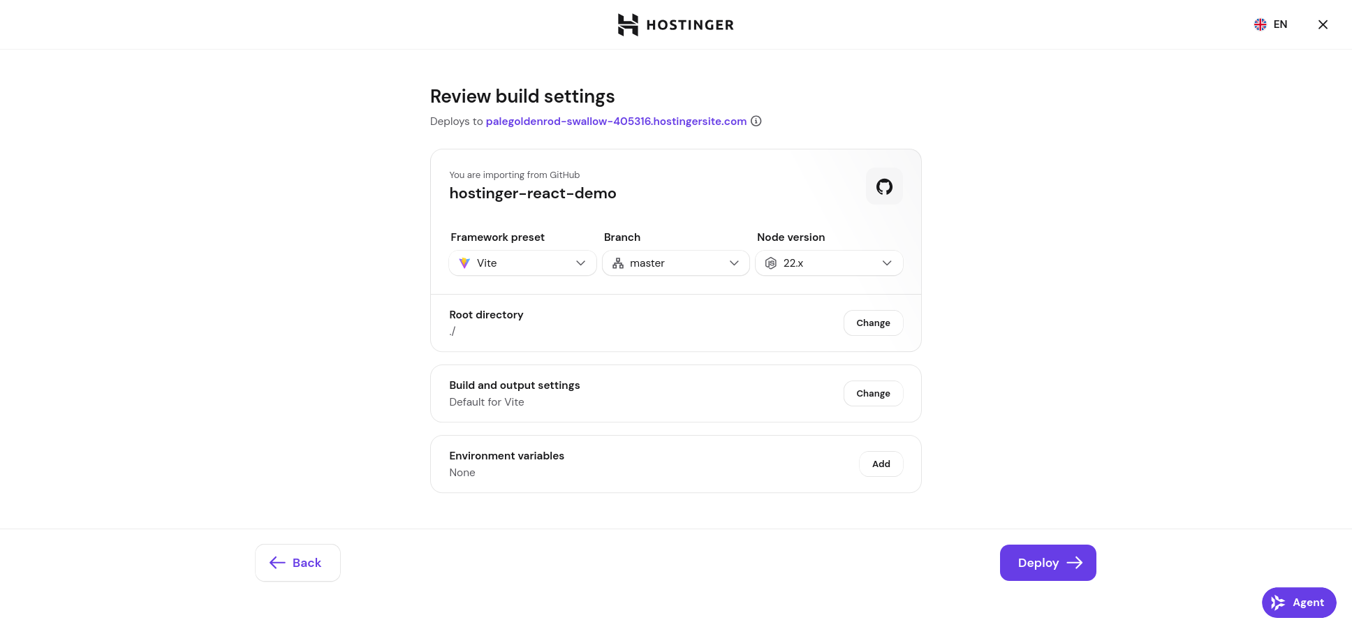 Hostinger React deployment build settings with Vite framework detected