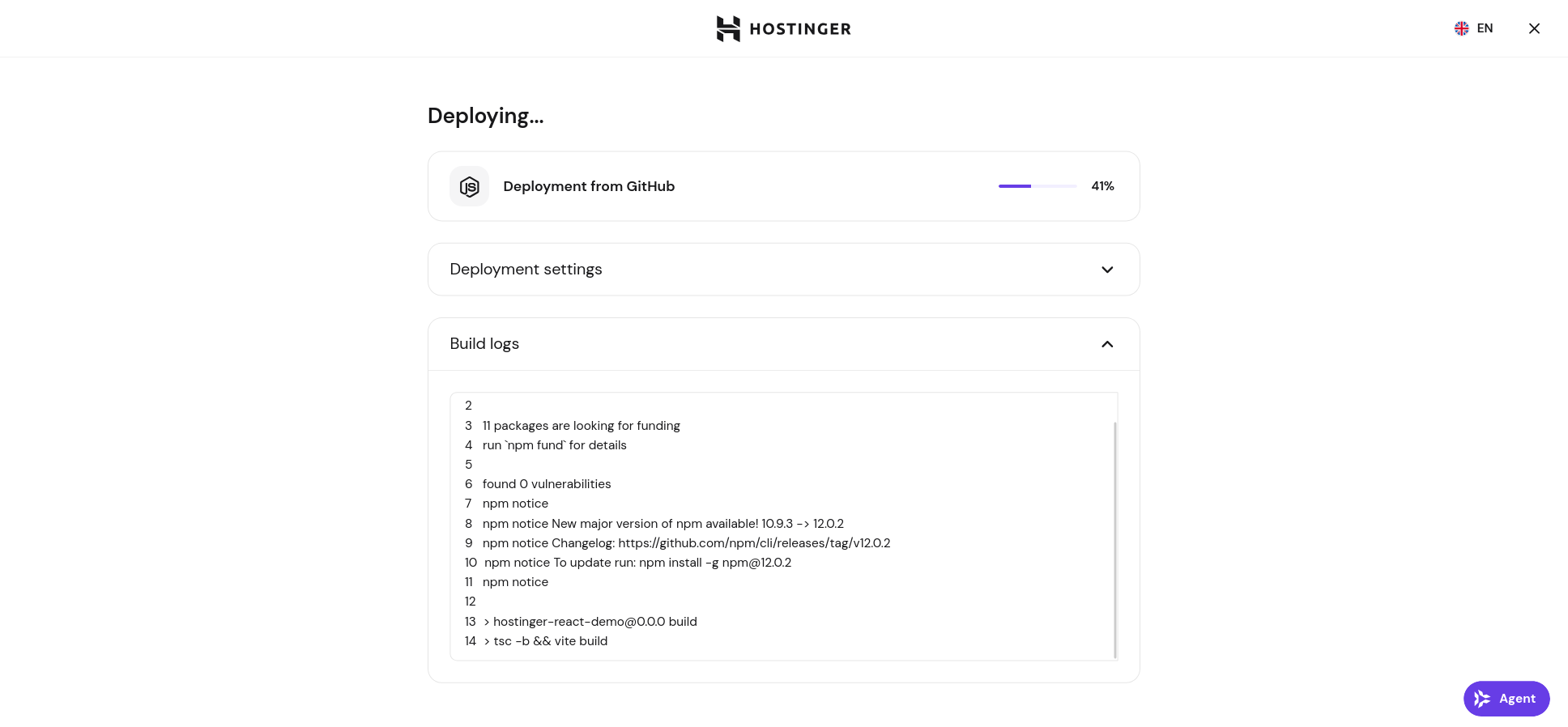 Hostinger React deployment progress screen with Vite build logs