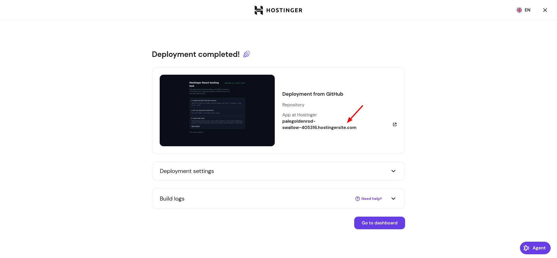 Hostinger completed React static build deployment screen
