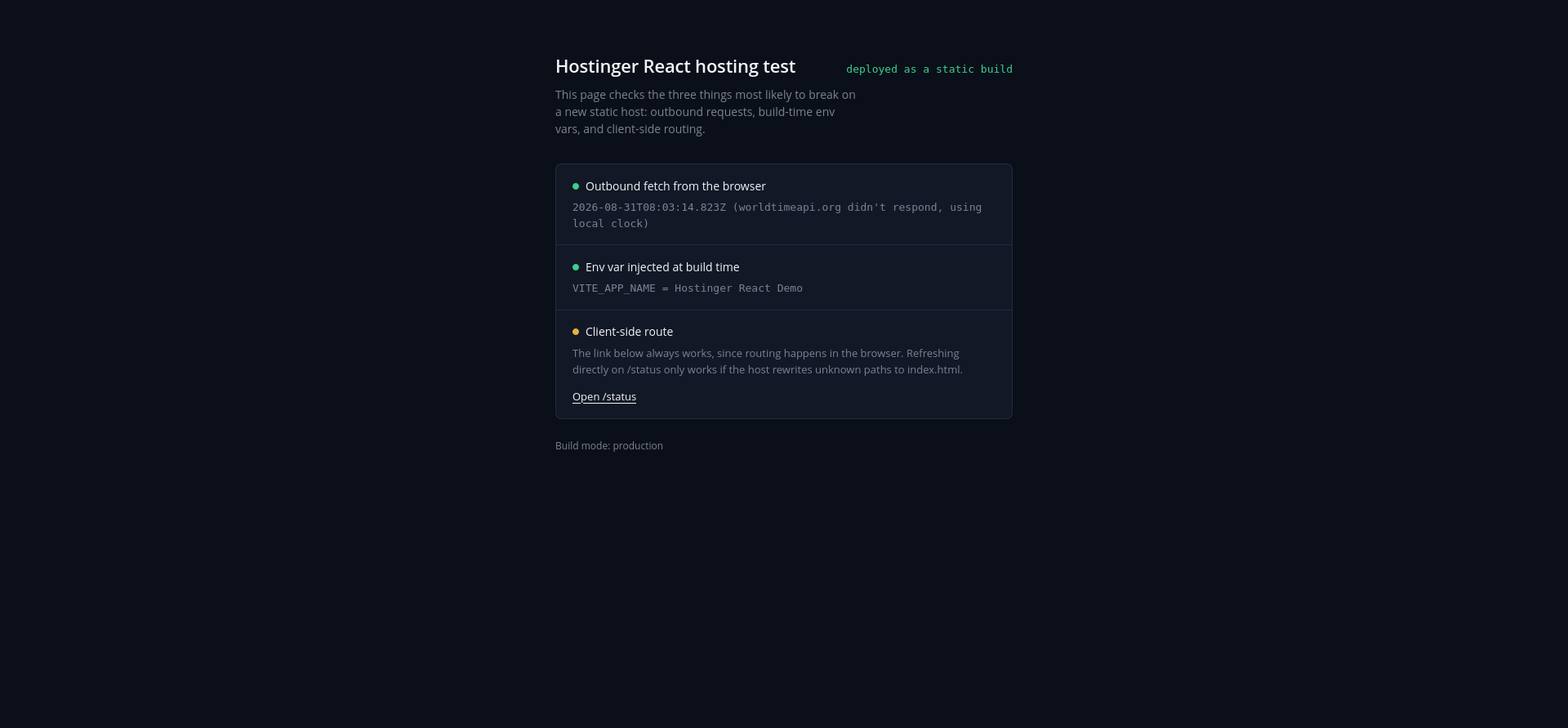Hostinger deployed React app routing and environment variable test results
