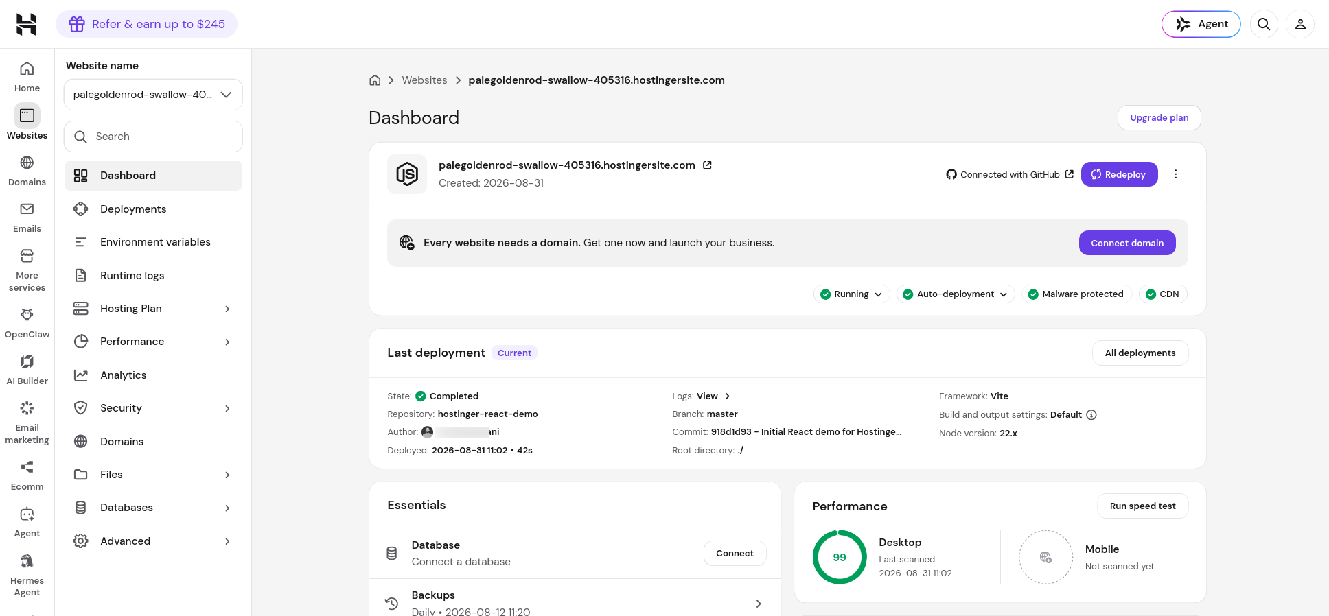 Hostinger React hosting management dashboard