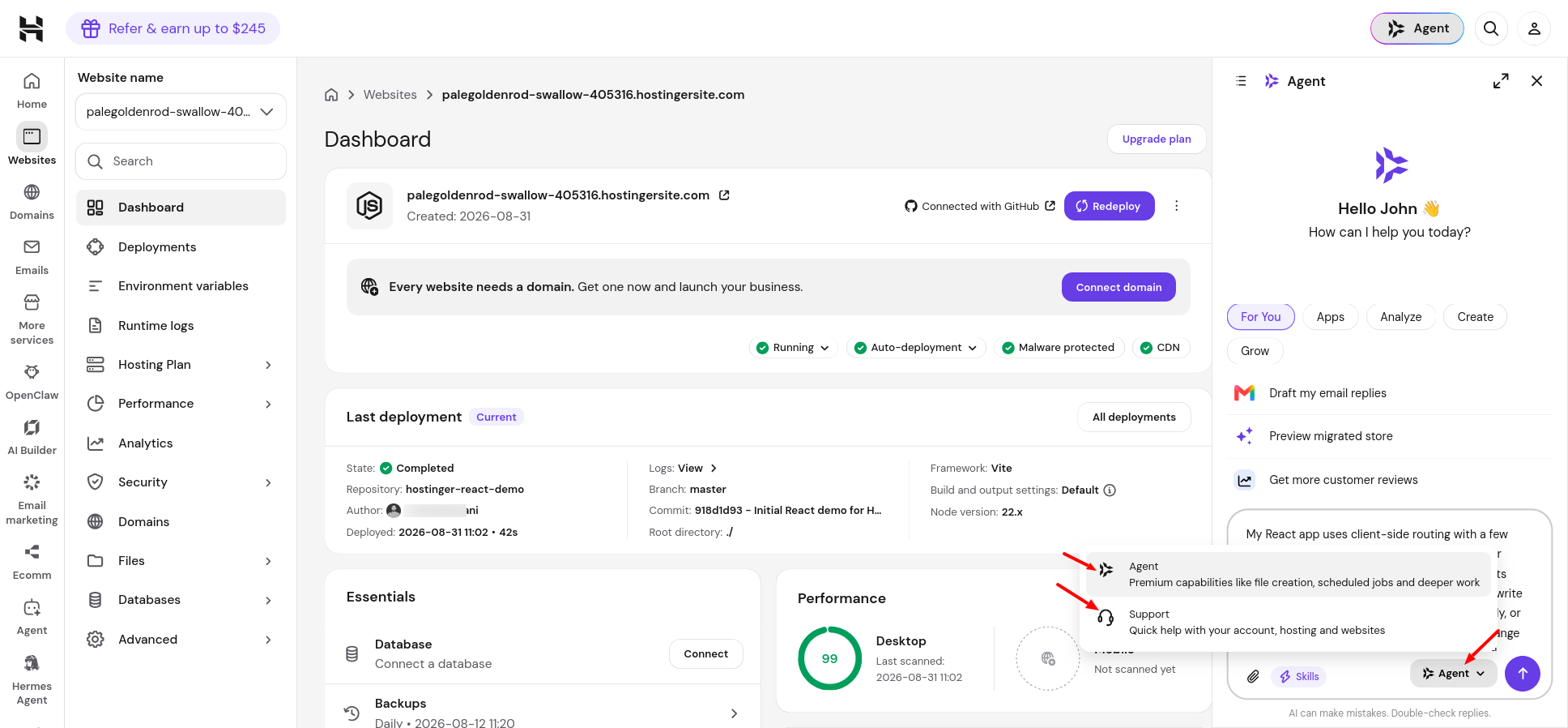 Hostinger Kodee AI Agent interface in hPanel