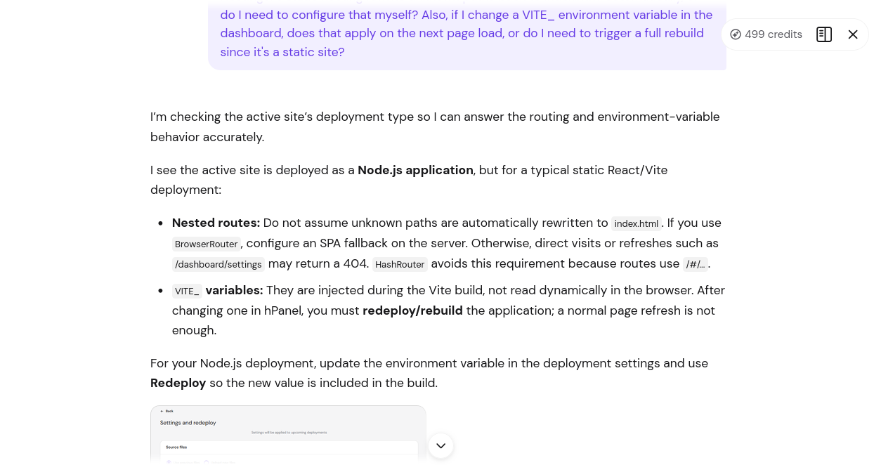 Hostinger Kodee response about React SPA routing and Vite environment variables
