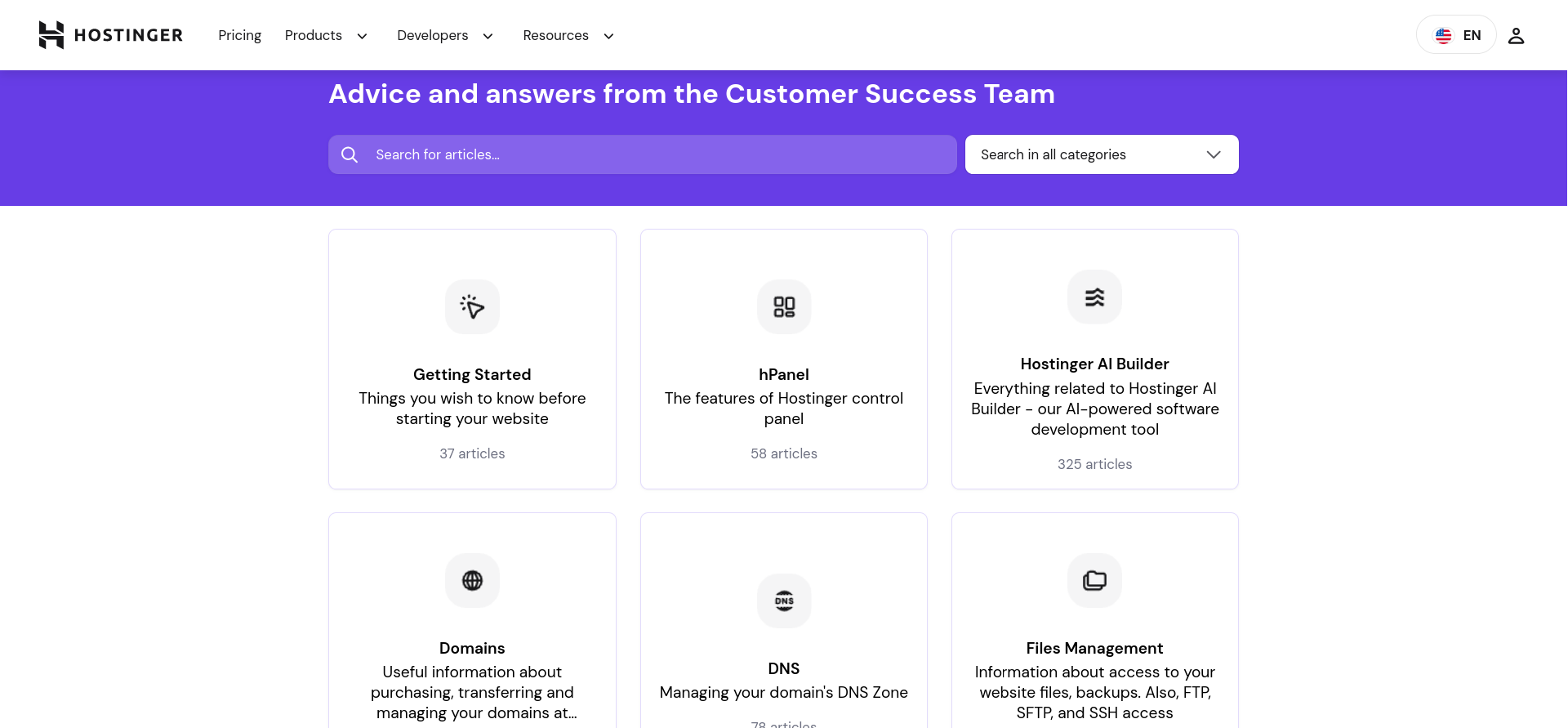 Hostinger knowledge base category overview
