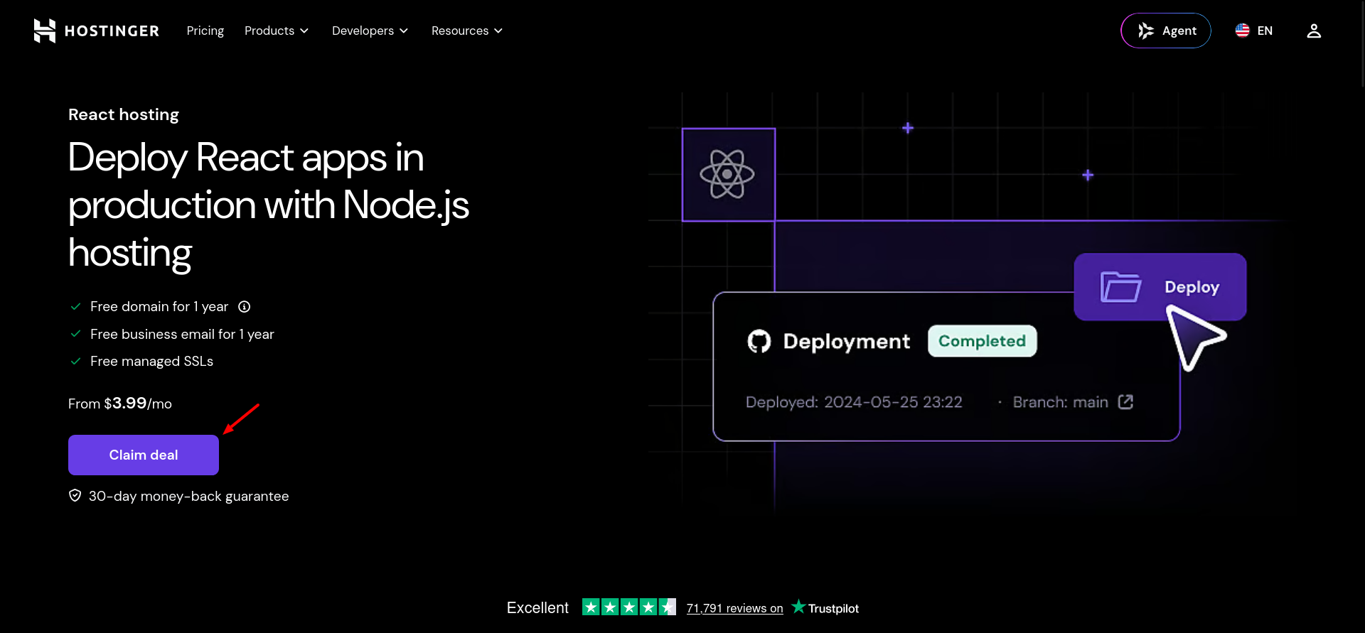 Hostinger React hosting landing page with Business and Cloud Startup plans