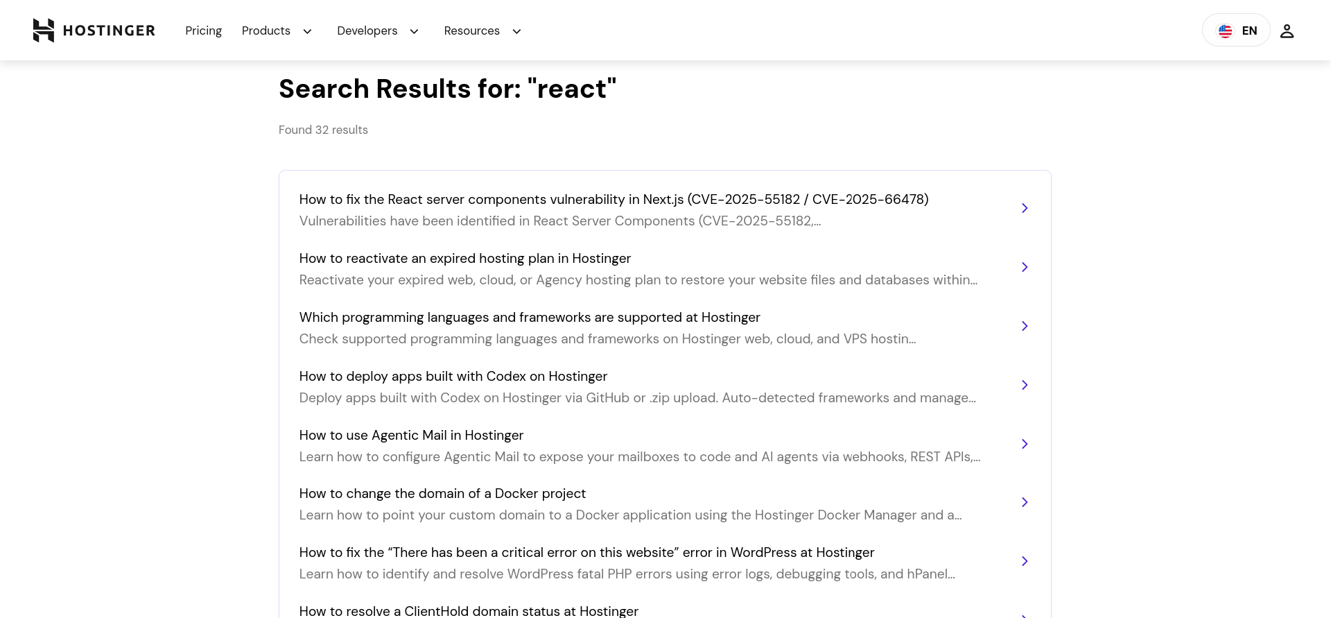 Hostinger knowledge base search results for React