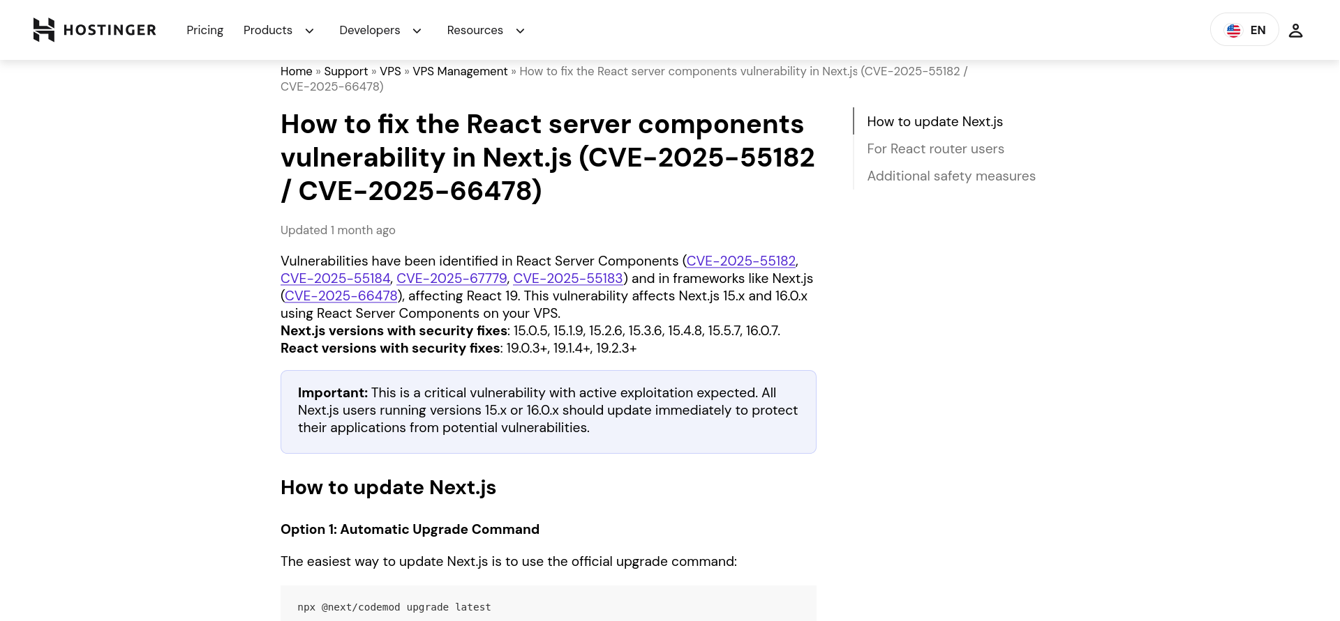 Hostinger knowledge base article about React Server Components vulnerability in Next.js