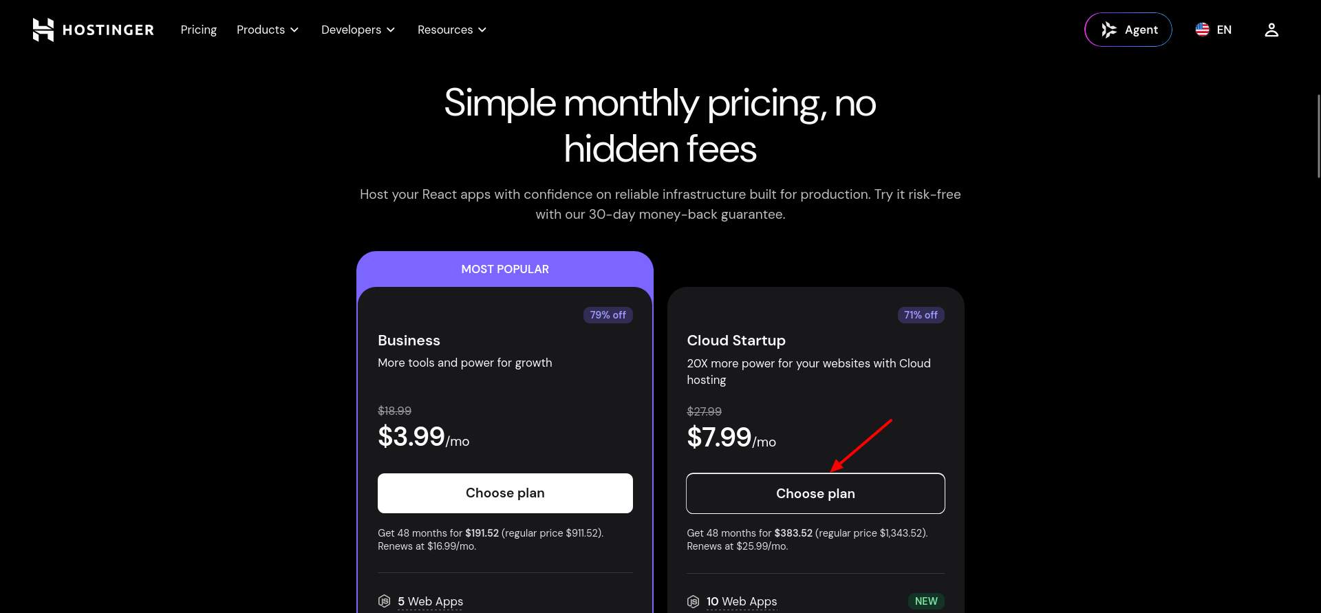 Hostinger Cloud Startup React hosting plan selection