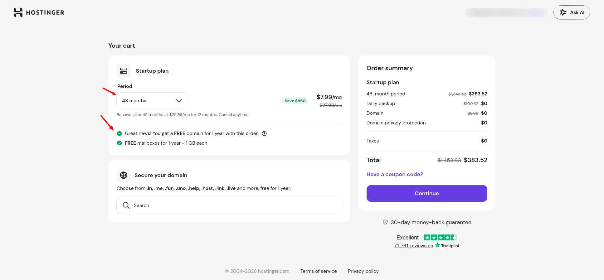 Hostinger Cloud Startup checkout cart with billing terms and bundled extras