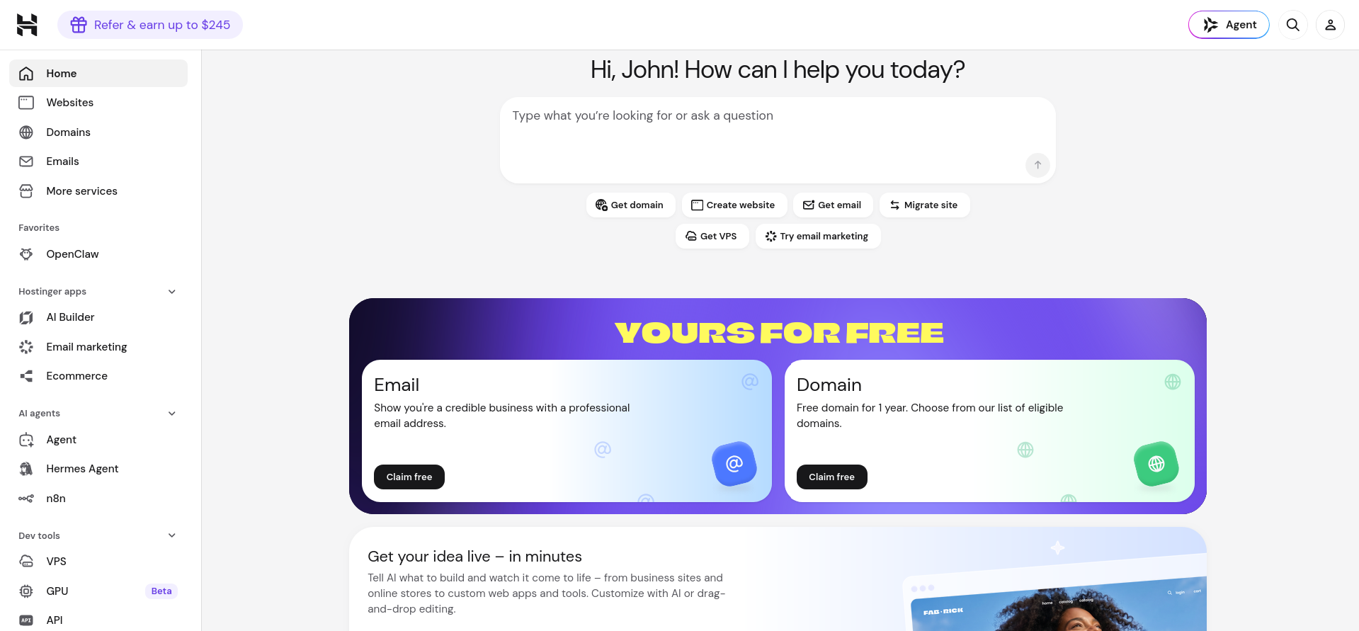 Hostinger hPanel dashboard and client area