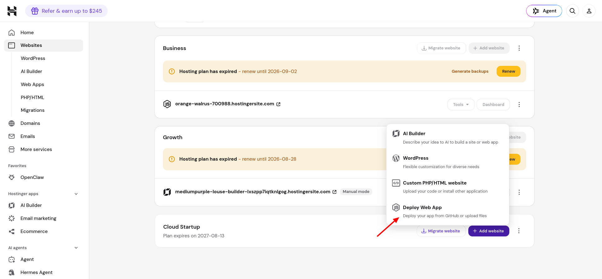 Hostinger Add Website screen with Deploy Web App option