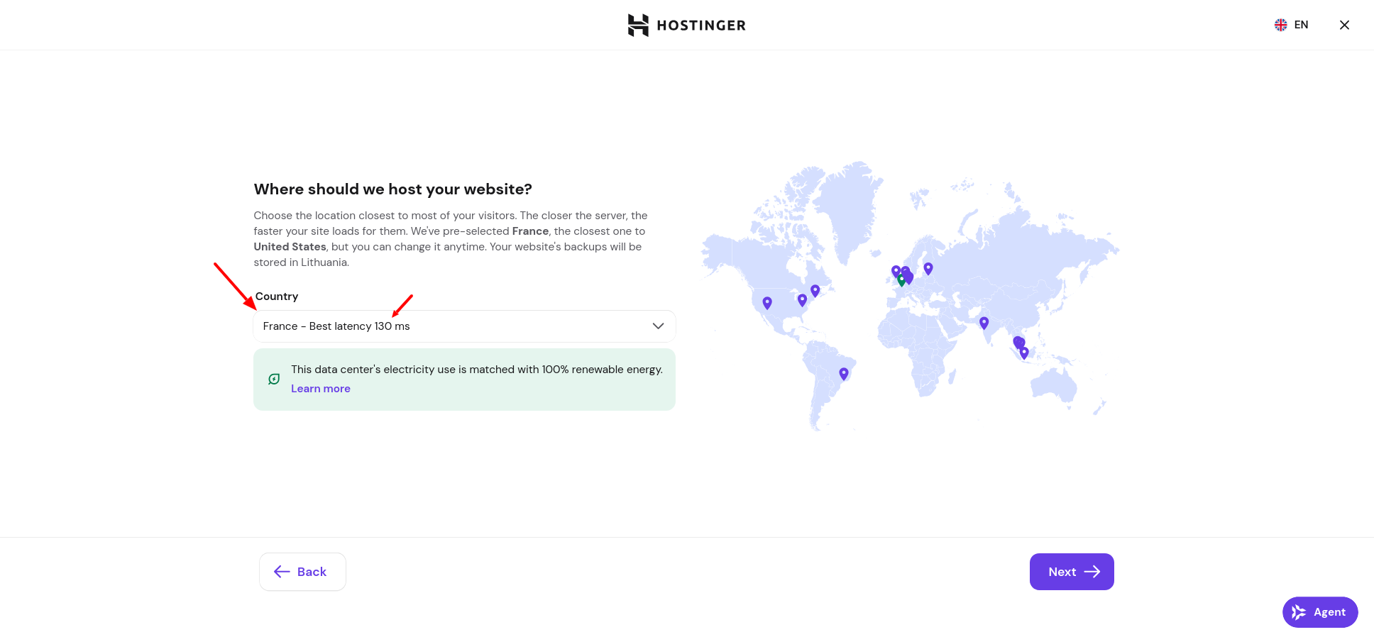 Hostinger React hosting server location selection with latency estimates