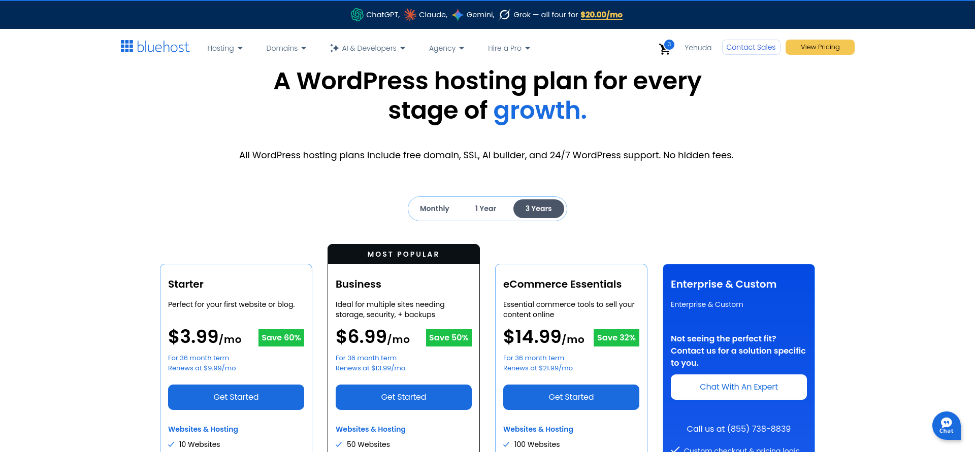 Bluehost WordPress Hosting plans showing different website and traffic tiers
