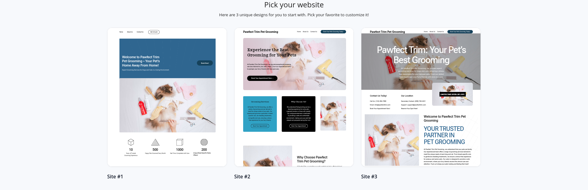 Bluehost AI Site Creator showing generated website layout options