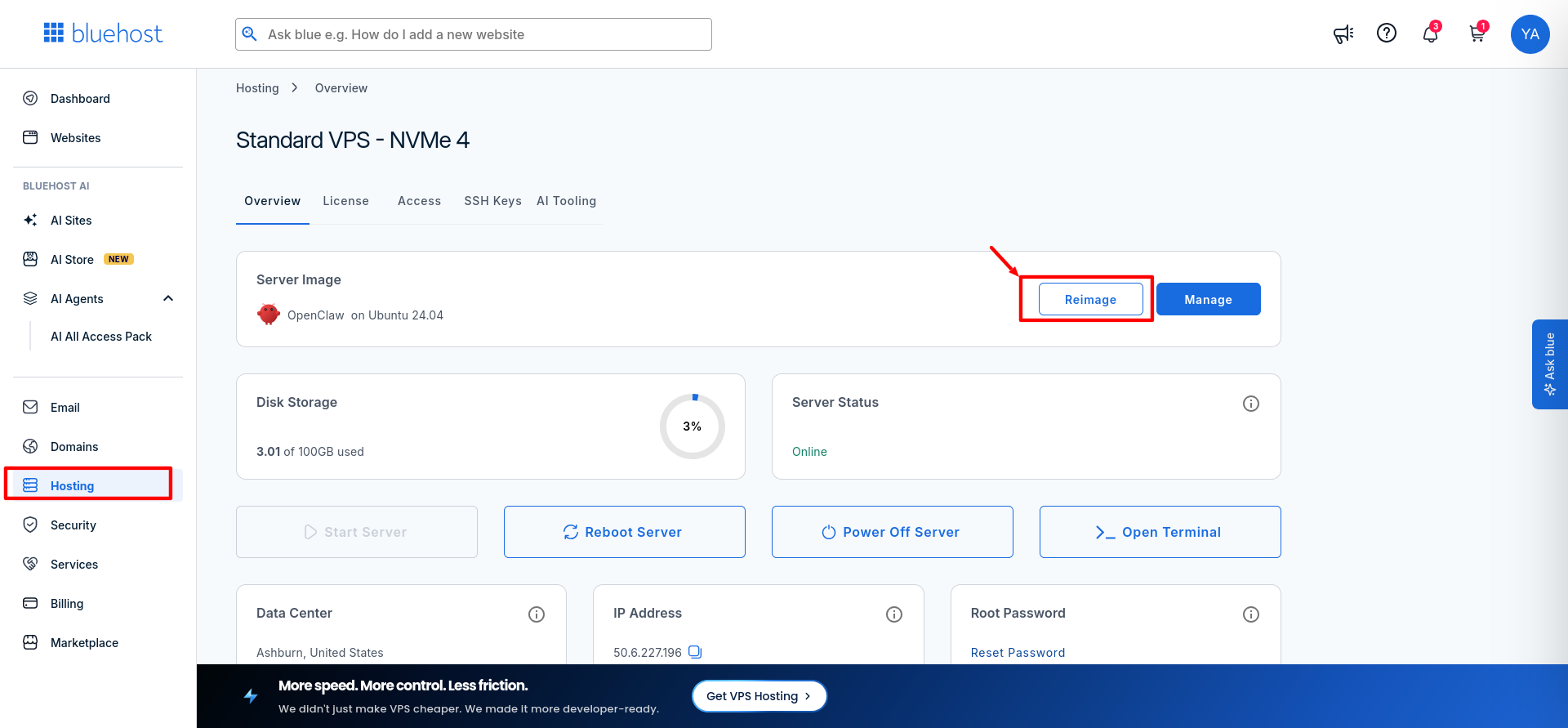 Bluehost VPS or VDS overview showing the installed Server Image and Reimage button