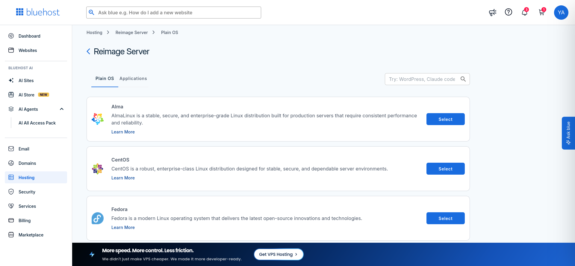Bluehost server reimage screen showing Plain OS and Applications tabs