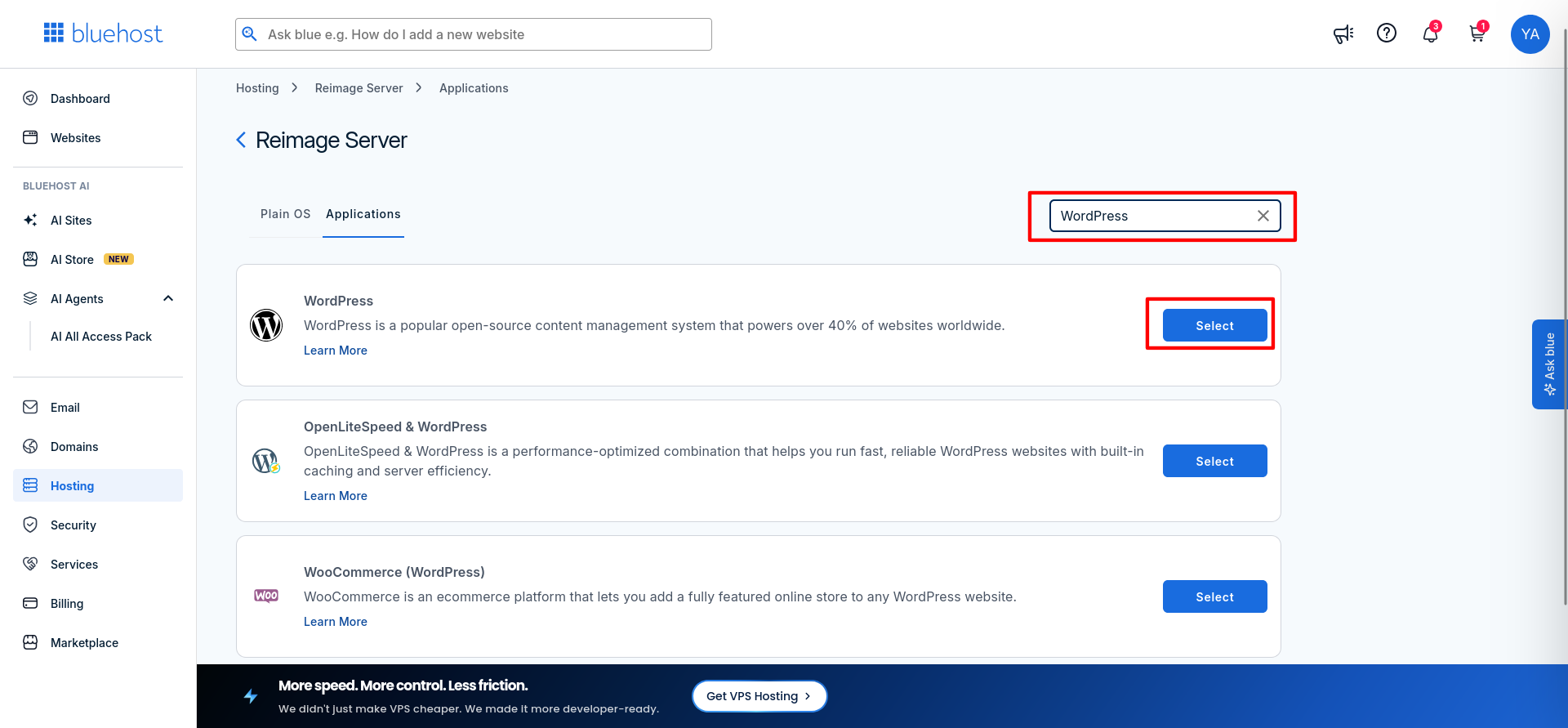 Bluehost VPS Applications tab showing WordPress, OpenLiteSpeed WordPress, and WooCommerce options