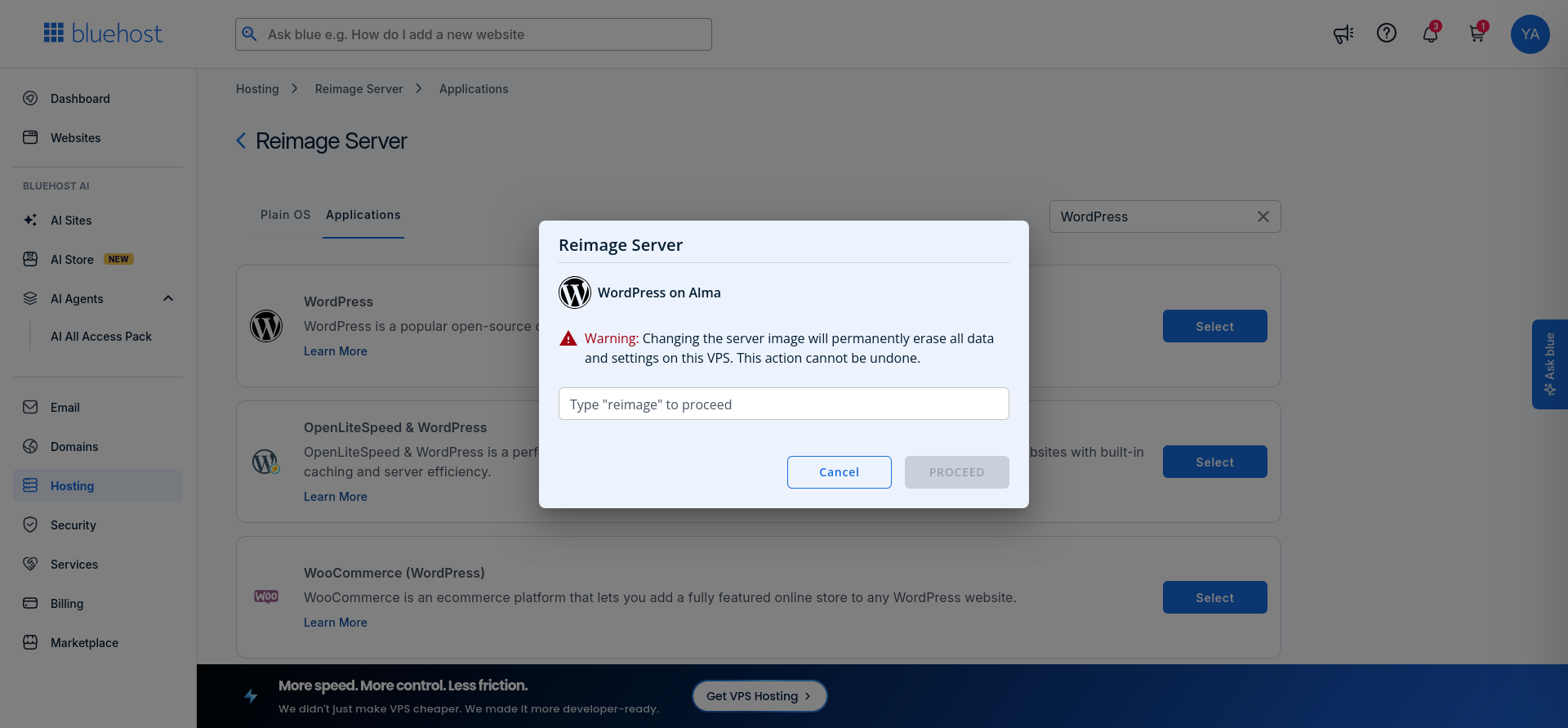 Bluehost VPS reimage confirmation requiring the word reimage before continuing