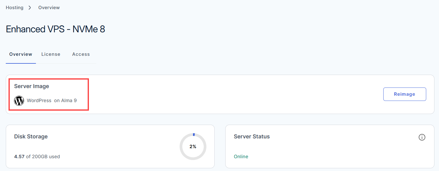 Bluehost VPS showing WordPress installed as the new Server Image after reimaging