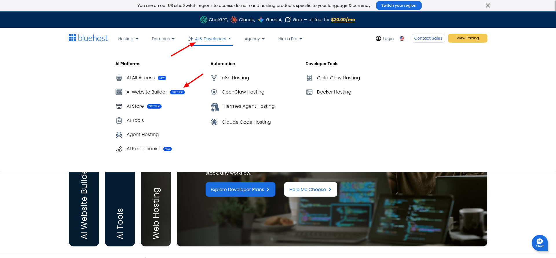 Bluehost AI and Developers menu showing AI Website Builder with a Free Trial option