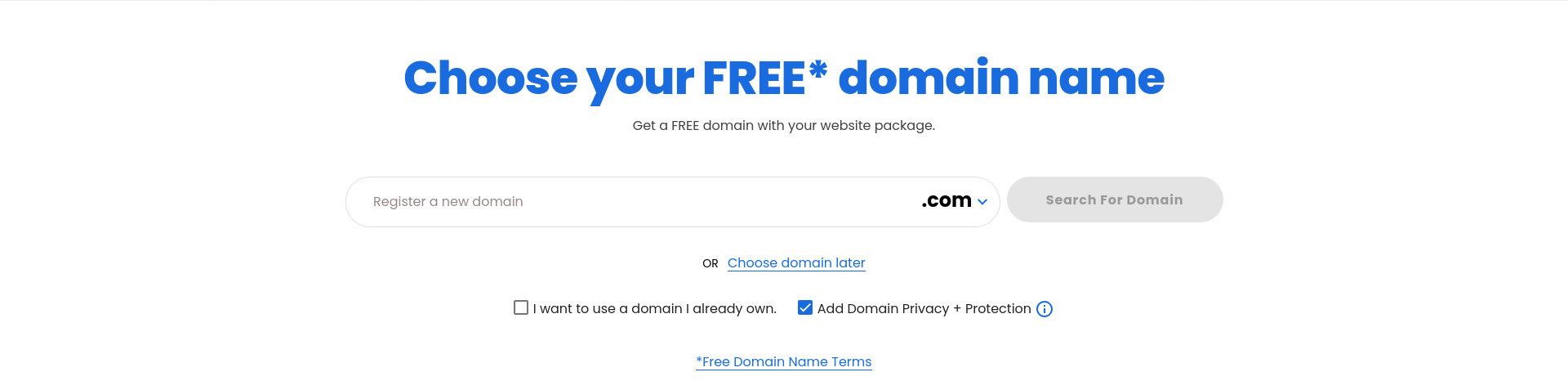Bluehost WordPress Hosting checkout showing options to register, use, or choose a domain later