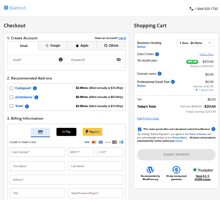 Bluehost WordPress Hosting checkout showing account and billing information