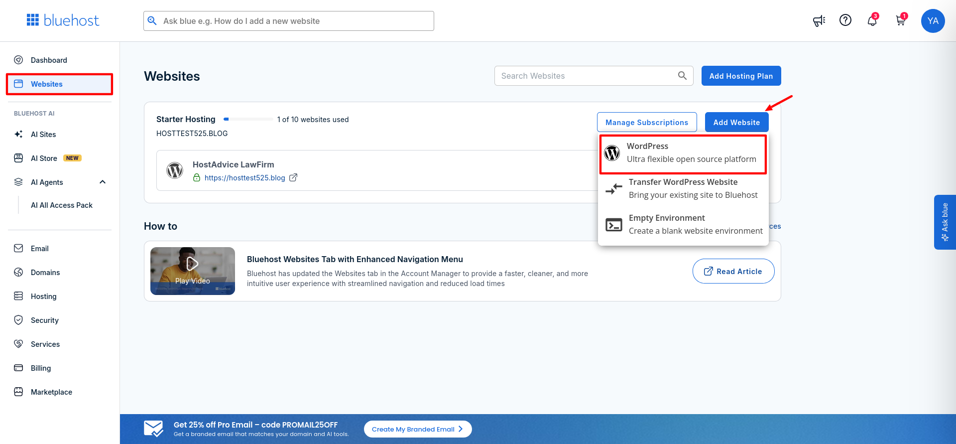 Bluehost Websites tab showing WordPress, site transfer, and Empty Environment options